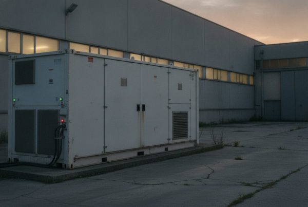 Contenedor de baterías industrial junto a una planta al anochecer: la hora en la que el almacenamiento empieza a descargar