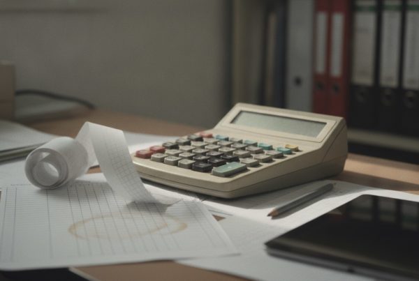 Calculadora de oficina técnica con rollo de papel junto a hojas de columnas: el coste real de la energía por proceso se calcula, no se estima