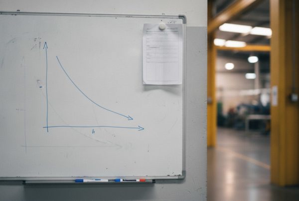 Pizarra de sala de producción con una gráfica descendente dibujada a rotulador: el indicador de eficiencia energética que se usa cada semana