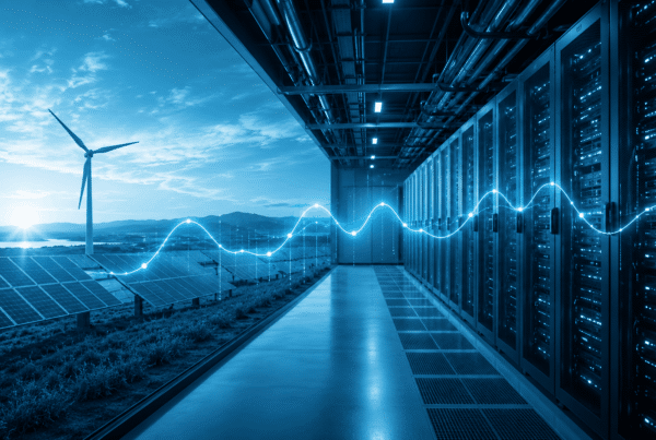 Centro de datos conectado a energía solar y eólica con una curva de consumo hora a hora