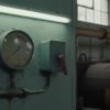 Termómetro industrial con la aguja rozando la zona alta junto a un interruptor de palanca: el decreto anticrisis activa medidas si los precios superan el umbral