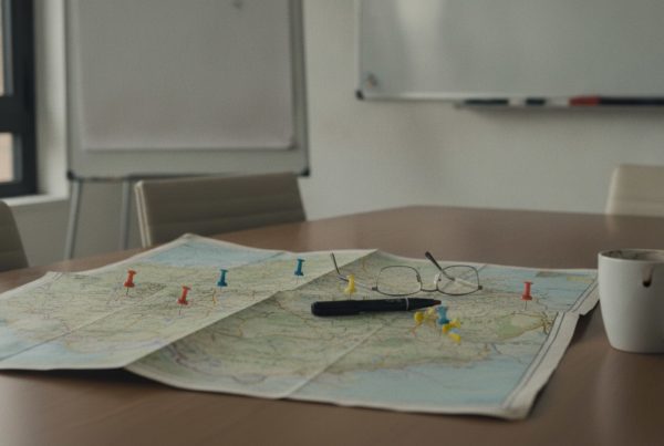 Mapa de carreteras con chinchetas en distintos puntos sobre una mesa de reuniones: la empresa multisede necesita una sola vista para decidir dónde actuar