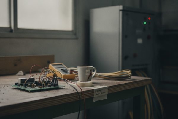 Prototipo electrónico en un banco de pruebas junto a su versión definitiva en un armario industrial: la IA energética tiene que pasar de los pilotos a producción